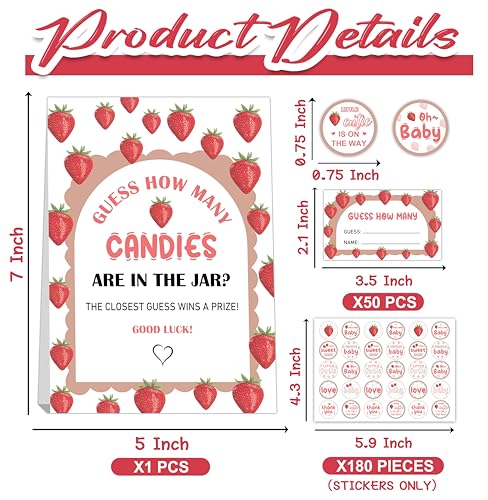 Guess How Many Candies Game Set - 50 Guessing Cards, Standing Sign, 180 Candies Stickers for Strawberry Baby Showers & Birthday Parties - color: Red