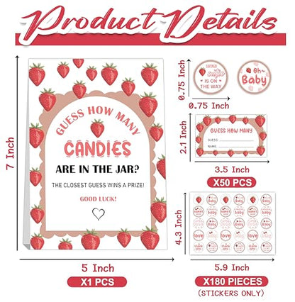 Guess How Many Candies Game Set - 50 Guessing Cards, Standing Sign, 180 Candies Stickers for Strawberry Baby Showers & Birthday Parties - color: Red