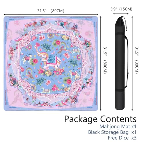 Mahjong Mat for Table with Carrying Bag & 3 Dice, Elephant Pink 31.5"x31.5" Square Rubber Mahjong Table Cover, Non-Slip & Noise Reduction Gaming Mat for Mah Jongg, Poker, Dominoes & Tile Games - color: Pink Blue Purple