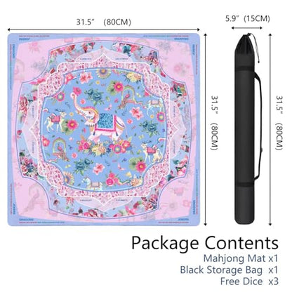 Mahjong Mat for Table with Carrying Bag & 3 Dice, Elephant Pink 31.5"x31.5" Square Rubber Mahjong Table Cover, Non-Slip & Noise Reduction Gaming Mat for Mah Jongg, Poker, Dominoes & Tile Games - color: Pink Blue Purple