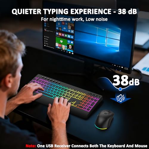 Wireless Keyboard and Mouse Combo, 9 Backlit Effects, 4000mAh Rechargeable Backlit Keyboard with Wrist Rest, 6 Button Mouse, 2.4G Full Size Quiet Keyboard Set for Computer, PC, Laptop, Mac, Windows