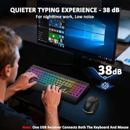Wireless Keyboard and Mouse Combo, 9 Backlit Effects, 4000mAh Rechargeable Backlit Keyboard with Wrist Rest, 6 Button Mouse, 2.4G Full Size Quiet Keyboard Set for Computer, PC, Laptop, Mac, Windows