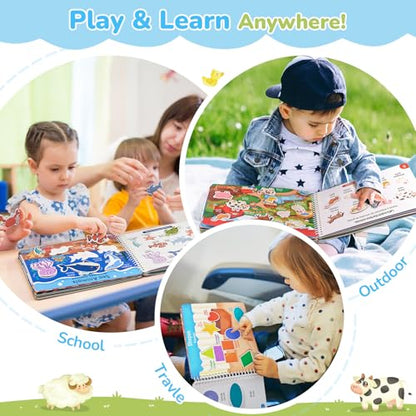 JoyCat Preschool Busy Book for Toddlers Ages 3-5, English and Spanish | 15 reusable themes with letters, numbers, colors and matching as autism learning material for home, class or travel