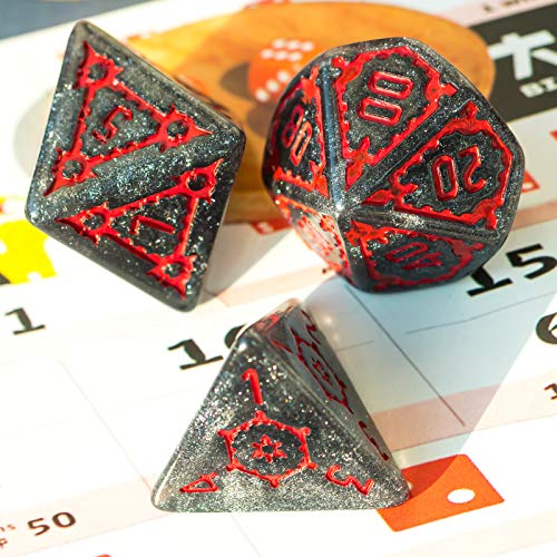 Cusdie 7 Pcs 25mm Giant Dice DND with Dragon Eye Dice Bag, Polyhedral Dice Set, D&D Dice for Pathfinder RPG (Black Red) - color: Black Red