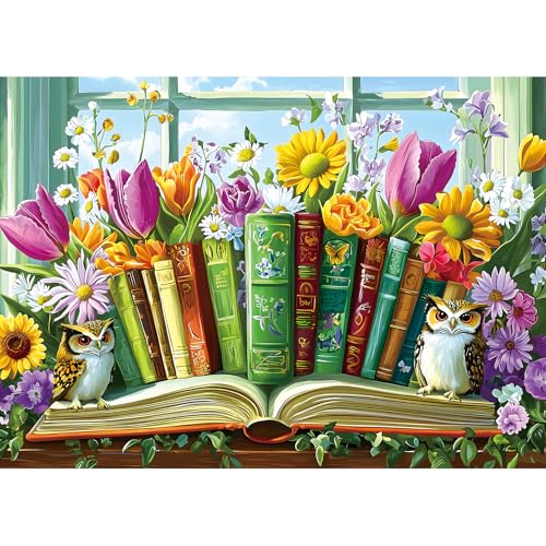 Puzzles for Adults 1000 Pieces - Vintage Wildflower Book and Owl | Jigsaw Puzzles for Adults AImpossible Hard Difficult Challenging for Family Fun Party Game Gifts Decoration, (27.5" x 19.7") - color: Green - Wildflower Book