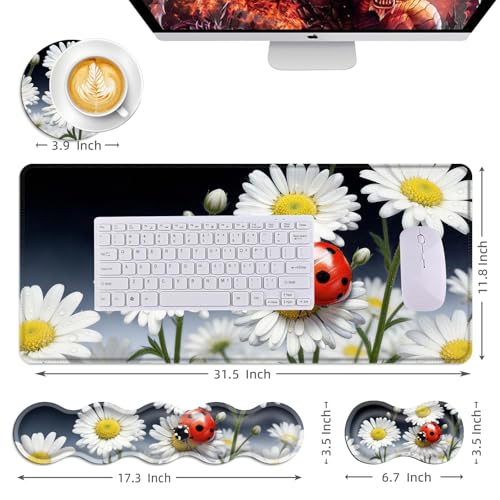 Mouse Pad,Large Desk Mat Set, 4in1 XL Mousepad + Keyboard Wrist Rest+Mouse Wrist Rest+Coaster with Ergonomic Desk Pad for Home Office Table Computer Cover -Ladybug on Daisy Flower - color: Ladybug on Daisy Flower