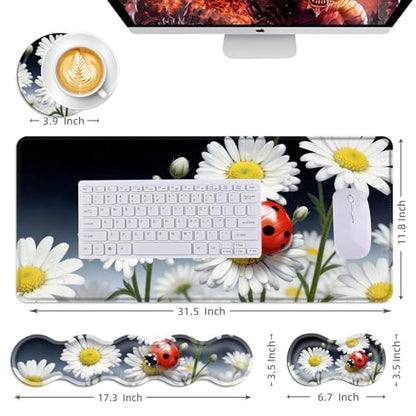 Mouse Pad,Large Desk Mat Set, 4in1 XL Mousepad + Keyboard Wrist Rest+Mouse Wrist Rest+Coaster with Ergonomic Desk Pad for Home Office Table Computer Cover -Ladybug on Daisy Flower - color: Ladybug on Daisy Flower