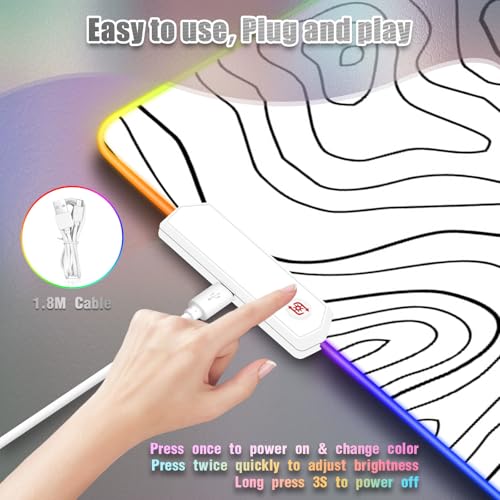 RGB Mouse Pad for Gaming I Large Mousepad with 14 Led Modes I Keyboard Pad Gaming Desk Mat I Non-Slip Rubber Base Mouse Mat I 900x400x4mm Waterproof Mousepad for Gamer I Cool White Line - color: White Line