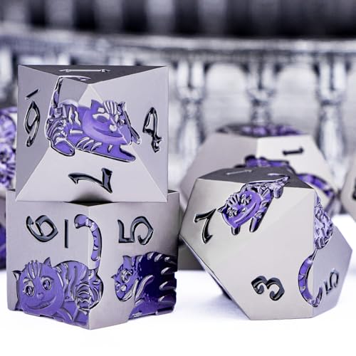 Metal DND Cat Dice 7PCS Polyhedral RPG Dice Set with Gift Case for Dungeons Dragons Role Playing Game, D and D Dice D6 D8 D10 D12 D20 D% (Grey Purple) - color: Cat-grey Purple
