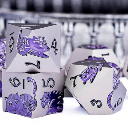 Metal DND Cat Dice 7PCS Polyhedral RPG Dice Set with Gift Case for Dungeons Dragons Role Playing Game, D and D Dice D6 D8 D10 D12 D20 D% (Grey Purple) - color: Cat-grey Purple