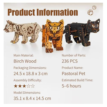 3D Wooden Puzzle for Adults, Mechanical Cat Wooden Model Kits to Build, 236PCS DIY Assembly Pet Jigsaw Puzzle Animal Brain Teaser, Building Toy Gift, KIT Version - color: Black