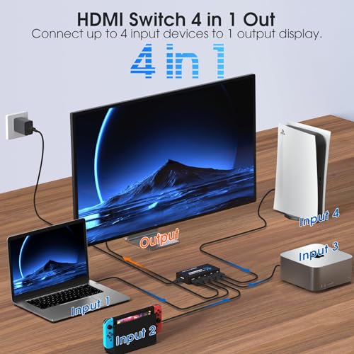HDMI Splitter 4 in 1 Out, NerdEthos HDMI Switch with Remote LED Indicators, 4 Port Switcher Box Supports 4K@60Hz HDR10 HDCP 2.2 3D Dolby DST, for PS4 Xbox Fire Stick PC and More