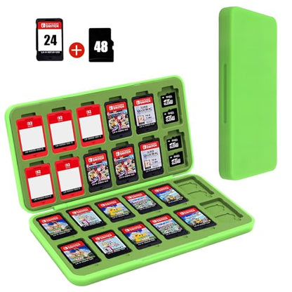 FYY Nintendo Switch Game Case Holder for Switch 2 Cartridge, Light Green | 24 Game Card Slots & 48 Micro SD Card Slots, Hard Shell, Silicone Lining - color: B-Green