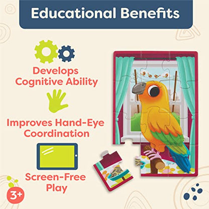 B. toys Wooden Puzzle Set, 4 Animal Puzzles with Wooden Box, Pets | Pack o' Puzzles - Pets includes 4 wooden 12-piece puzzles with cat, dog, bird, and hamster; color-coded backs; 3+ Years - style: Pets