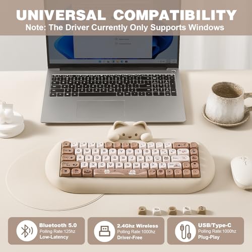 YUNZII C68 Silicone Cute Cat Mechanical Keyboard (Brown,Cocoa Cream Switch) | Wireless Triple Mode BT5.0/2.4G/Wired, RGB Backlit NKRO, Cute Cat Silicone Ergonomic Design for Win/Mac - color: Brown, size: Cocoa Cream V2 Switch