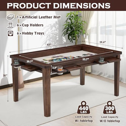 63"x39" Board Game Table with Removable Top Solid Wood Dining/Gaming Table | Gaming Table for 4-6 Players with Play Mat, 6 Detachable Cup Holders & 6 Hobby Trays (Black Walnut) - color: Black Walnut