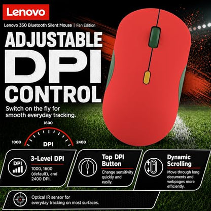 Lenovo 350 Bluetooth Silent Mouse (Fan Edition), Wireless Ergonomic Ambidextrous Design, Bluetooth 5.3, Adjustable DPI up to 2400, 36 Month Battery Life, Recycled Materials, Portugal Flag - color: Portugal Flag