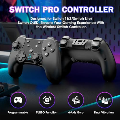 Saitake Wireless Switch Controller for Nintendo Switch/Switch 2/Lite/OLED/PC,Gamepad Supports Dual Vibration/6-Axis Gyroscope/Programmable/Turbo,Ergonomically Designed Precise Joystick - color: Black