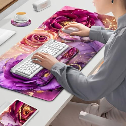 Gaming Mouse Pad Large Desk Mat, Cute Purple Marble Rose Desk Pad Protector | 4in1 XXL Mousepad + Keyboard Wrist Rest+Mouse Wrist Rest+Coaster Set with Ergonomic Desk Pad for Home Office PC,Flowers - color: Marble Rose Purple Flowers