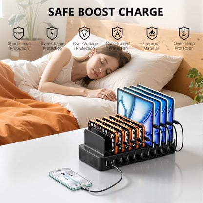 USB C Charging Station for Multiple Devices, 10-Port 100W Charging Dock, with Adjustable Dividers, USB-C Power Hub, Compatible with iPhone/Samsung/Google/Tablets/USB Devices (with 10 Cables)