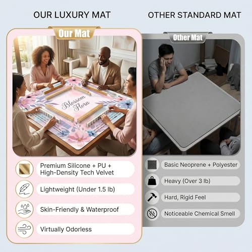 Mahjong Mat for Table - 32.3 Inch Waterproof & Non-Slip PU Velvet Surface, Lightweight No Crease No Odor Design for Noise Reduction,Includes Printed Rules (Blossom) - color: Blossom