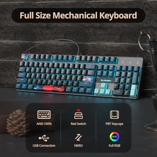 Full Size Mechanical Keyboard, Creamy Keyboard with Number Pad, 104 Keys Wired Gaming Keyboard with Red Switch, RGB Backlit for PC Laptop - color: Monster B