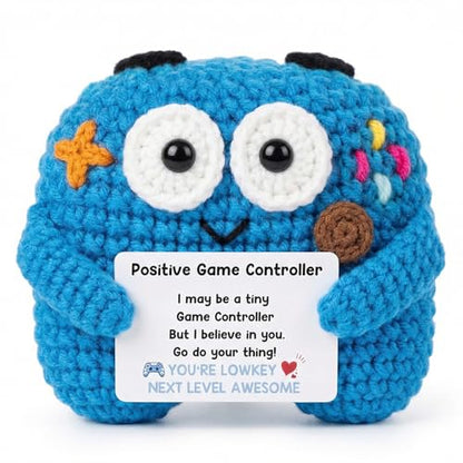 Positive Crochet Controller Gifts for Gamer Boyfriend, Retro Gamer Gifts for Men Teenage Boys, Handmade Gamer Game Controller Doll for Teen Girls Boys Christmas, Emotional Support Crochet Decor