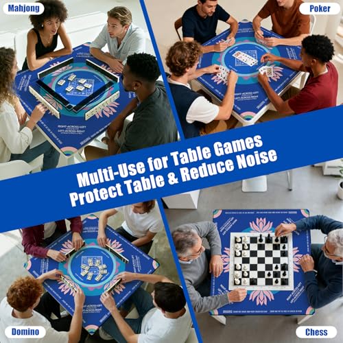 Mahjong Mat 2025 Upgraded No-Crease & No Odor Design, 32.3 Inch with Waterproof Velvet, Non-Slip PU Silicone, Lightweight for Noise Reduction, Includes Printed Rules for Tiles and Cards (Ocean-Blue) - color: Ocean-blue