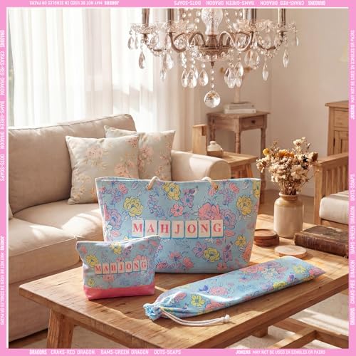Soulchen 3 Pcs Empty Mahjong Bag Set American Mahjong Buckled and Zippered Carrying Bag with Handle, Tile case and Drawstring Protective Sleeve for Rack Game Travel Accessories Gift(Blue Floral) - style: Blue Floral