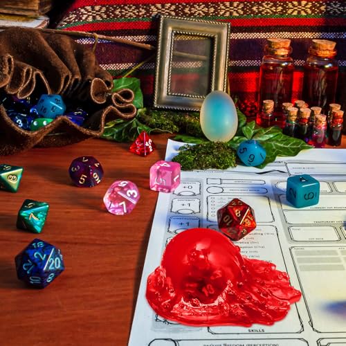 Deekin Translucent Cube Dice Storage with 7 Polyhedral Dice Set, Resin Cube Holder for TTRPG Tabletop Role Playing Game Fantasy Tabletop Gaming(Red) - color: Red