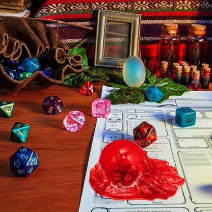 Deekin Translucent Cube Dice Storage with 7 Polyhedral Dice Set, Resin Cube Holder for TTRPG Tabletop Role Playing Game Fantasy Tabletop Gaming(Red) - color: Red