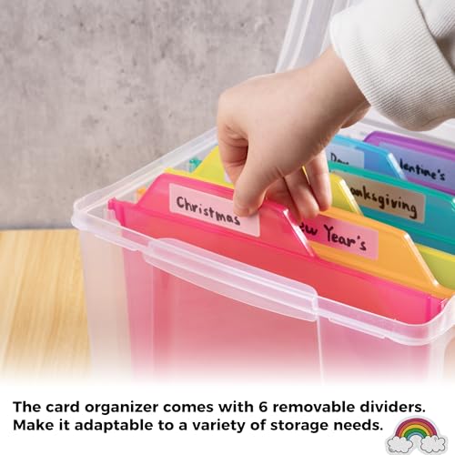 Greeting Card Storage & Organizer Box with 6 Removable Dividers for Holiday Birthday Get Well Cards Photos, Crafts, Scrapbooking