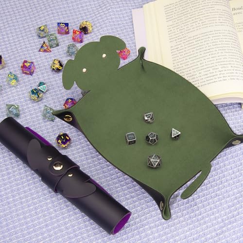 SIQUK 2 Pieces Dog Dice Rolling Tray Folding Dice Mat Trays PU Leather Scroll Dices Holder Storage for D&D RPG Games (Dark Green, Violet) - color: Dark Green, Violet