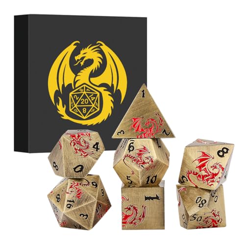 Metal Dice Set, Flat Face Design Dragon Pattern, 7pcs Polyhedral Metal DND Dice Set, DND Starter Set, D&D Gifts with Gift Box, Role Playing Board Games Accessories, Bronze - color: Bronze