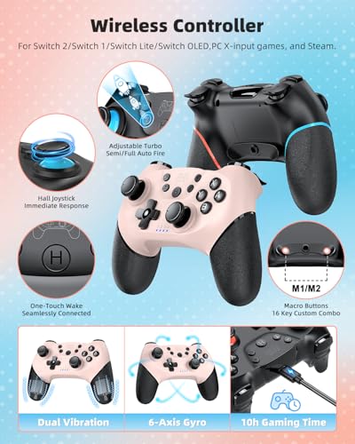 Switch 2 Pro Controller Accessories Bundle for Nintendo Switch 2 (2025), MENEEA 21-in-1 Kits: Wireless Controllers,Carrying Case,Controller Charger Dock,Grips for Joy Con,Steering Wheels for Mario Kart,Protective Cover for Switch 2 (Black & Pink Controlle
