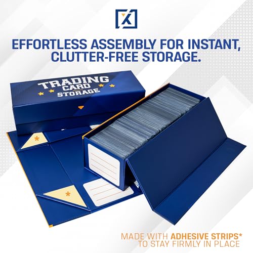 HOMEXPRO Easy Fold Trading Card Storage Box [3 PACK] Magnetic Lid | Toploader Storage Box Fits 800 Cards, 200 Toploaders, or 50 One Touch | Baseball Card Storage Box - Labels included - style: Blue - 3 Pack