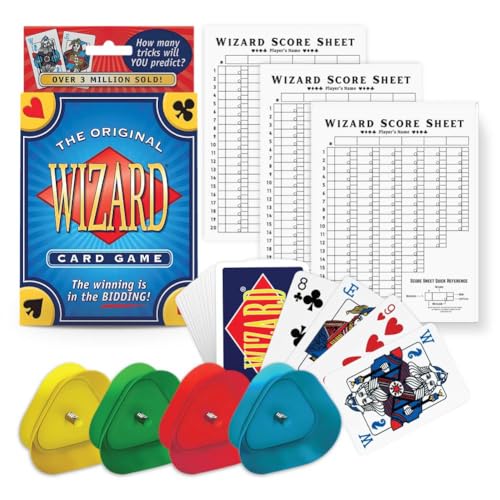 The Original Wizard Cards Game and Card Holder for Playing Cards (4-Pack) - Classic Card Game for Vacations and Game Nights with Hands-Free Cards Holder for Seniors - Wizard Scoring Sheets