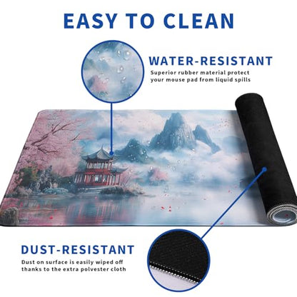 Cherry Blossom Watercolor Mouse Pad Abstract Big Mouse Pad 31.5x11.8 Inch Landscape Texture Non-Slip Rubber Base Large Mousepad Stitched Edges Keyboard Mouse Mat Desk Pad for Office and Home - color: Cherry Blossom Watercolor