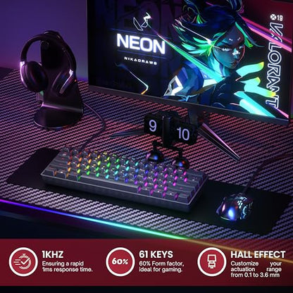 HK GAMING GK61HE 60% | Magnetic Mechanical Gaming Keyboard | Rapid Trigger 0.1mm Step | 61 Keys Multi Color RGB | 1kHz Polling Rate | PC/Mac Gamer | US Layout (Black) - color: Black