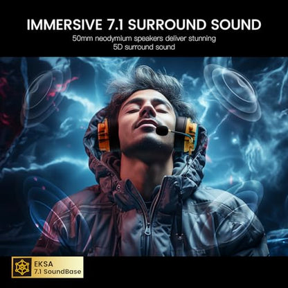 EKSA USB Gaming Headset for PC, Computer Gaming Headphones with Detachable Microphone Noise Cancelling, 7.1 Surround Sound, 50MM Driver, Wired Headset for PS4 PS5, Xbox One, Laptop (Yellow) - color: Yellow