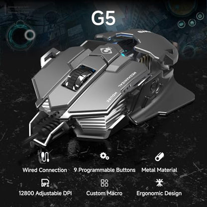 EWEADN G5 Wired Gaming Mouse with Adjustable Tail, 12800 DPI Programmable Computer Mouse with RGB Backlit, 9 Macro Buttons, Rapid Fire Key & Aluminum Base Ergonomic PC Mice for Laptop, PC-Grey&White - color: Black&Grey
