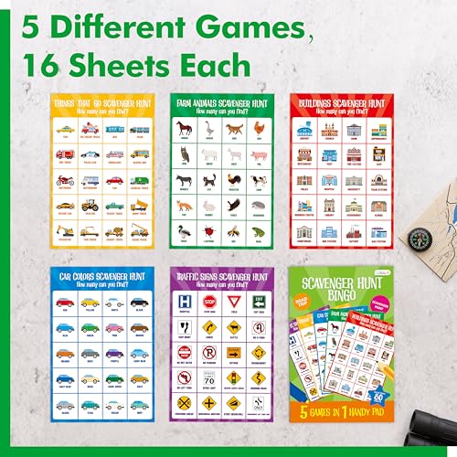 Road Trip Game Pad, 5 Games in 1 (Farm Animals, Car Colors, Buildings, Traffic Signs, Vehicles Scavenger Hunt Bingo), Pen Pencil Paper Game, Plane Trip/ Car Travel/Getaway Activity Pad for Kid, Adult - style: Scavenger hunt bingo