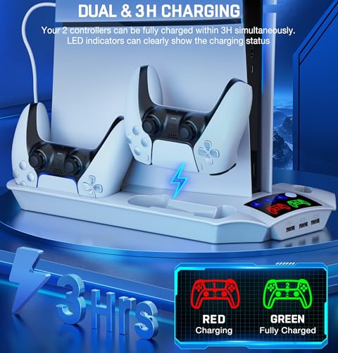 PS5 Pro/Slim/PS5 Stand and Cooling Station with Controller Charging Station for Playsation 5 Disc Digital Console, PS5 Accessories Incl. 3 Levels Cooling Fan, 13 Game Slots, 3 USB HUB, Headset Holder - size: Q254-PS5 Stand