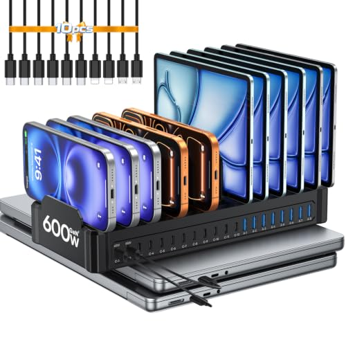 20-Port 600W Charging Station for Multiple Devices with 10 Cables | GaN5 Dual 65W Multi-device Charging Dock , Fast Charger Station for Laptop Macbooks iPhone Samsung Galaxy Android Tablet - color: Black