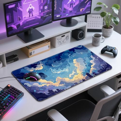 Blue Nebula Aesthetic Large Gaming Mouse Pad Desk Mat 31.5"x15.7" | Extended Mousepad, Non-Slip Rubber Base , Stitched Edges, for Computer/Laptop/Office/Home - color: Blue Nebula