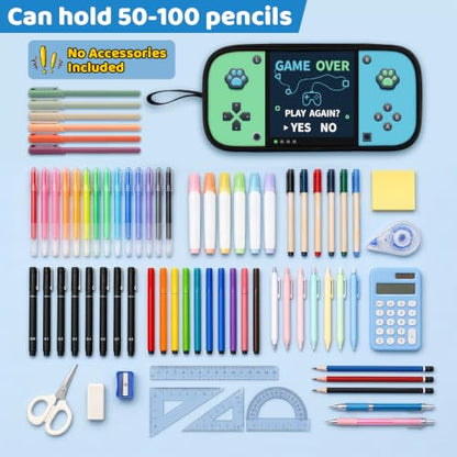 Game Controller Pencil Case for Boys Kids Teens, Large Capacity Pencil Pouch with 3 Compartments, 7 Pockets and Label Pocket for School College Office Travel (Green & Blue) - color: Blue&Green