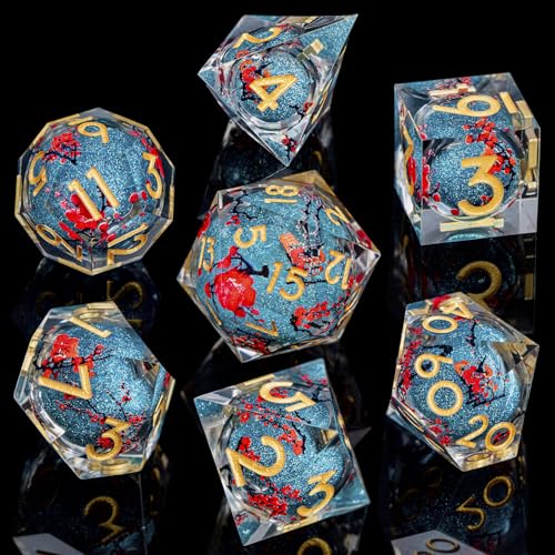 ARUOHHA DND Resin Dice Plum Blossom Liquid Core Dice Golden Blue Sharp Edged Polyhedral Dragons Dice Set with Gift Box, Dungeons D and D Dice Role Playing Game D20 D12 D10 D8 D6 D4 - color: Flower&golden Blue