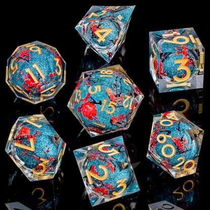 ARUOHHA DND Resin Dice Plum Blossom Liquid Core Dice Golden Blue Sharp Edged Polyhedral Dragons Dice Set with Gift Box, Dungeons D and D Dice Role Playing Game D20 D12 D10 D8 D6 D4 - color: Flower&golden Blue
