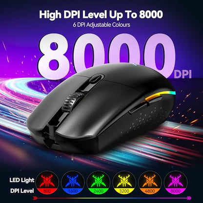 TECKNET Gaming Mouse, Wireless Gaming Mouse with 6 Programmable Buttons, RGB Backlit, Rechargeable Wireless Mouse UP to 8000 DPI, Macro Edit, 70Hrs for Laptop, PC, Mac Gamer (Full Black)