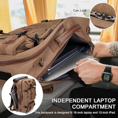 WITZMAN Travel Backpack for Men 40L Large Carry-on Airline Approved | Canvas 3 in 1 Duffle Luggage Bag Fits 16“ Laptop, Shoe Compartment, For Weekend Getaway, Overnight Trip - color: Brown